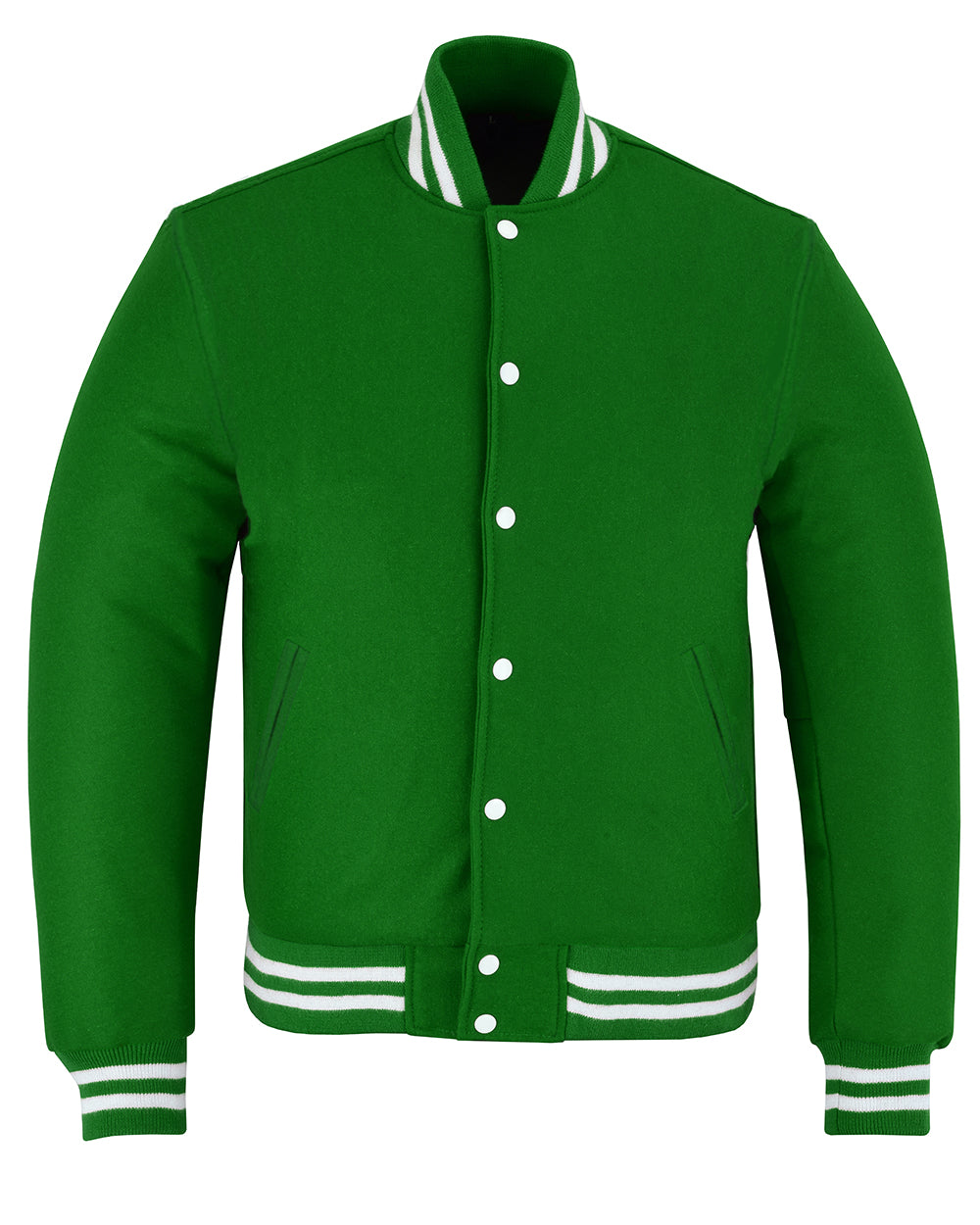 All Wool Vintage Style Varsity Letterman Baseball Jacket Kelly Green With White Trim