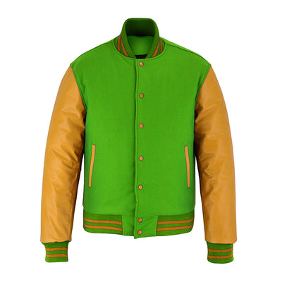 Classic Varsity Letterman Jacket Kelly Green Wool with Gold Genuine Leather Sleeves and trims