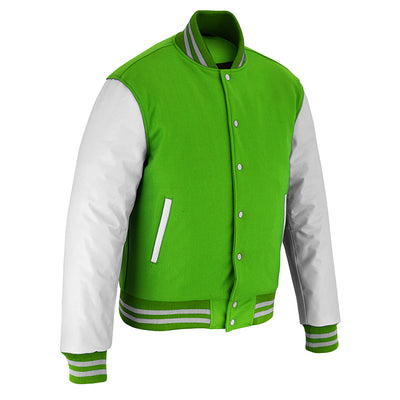 Classic Varsity Letterman Jacket Kelly Green Wool with White Genuine Leather Sleeves and trims