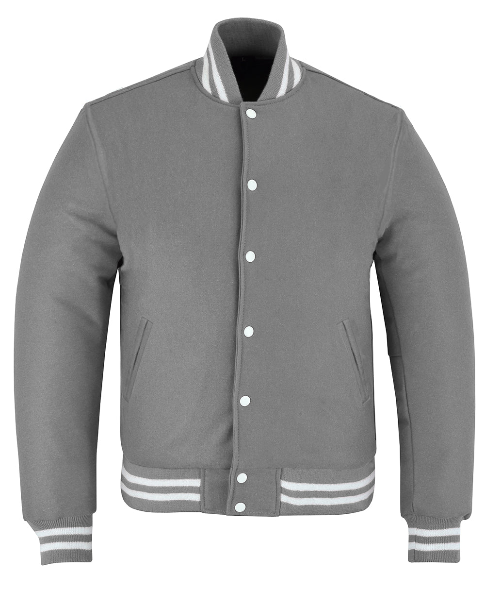 All Wool Vintage Style Varsity Letterman Baseball Jacket Gray with White Trim