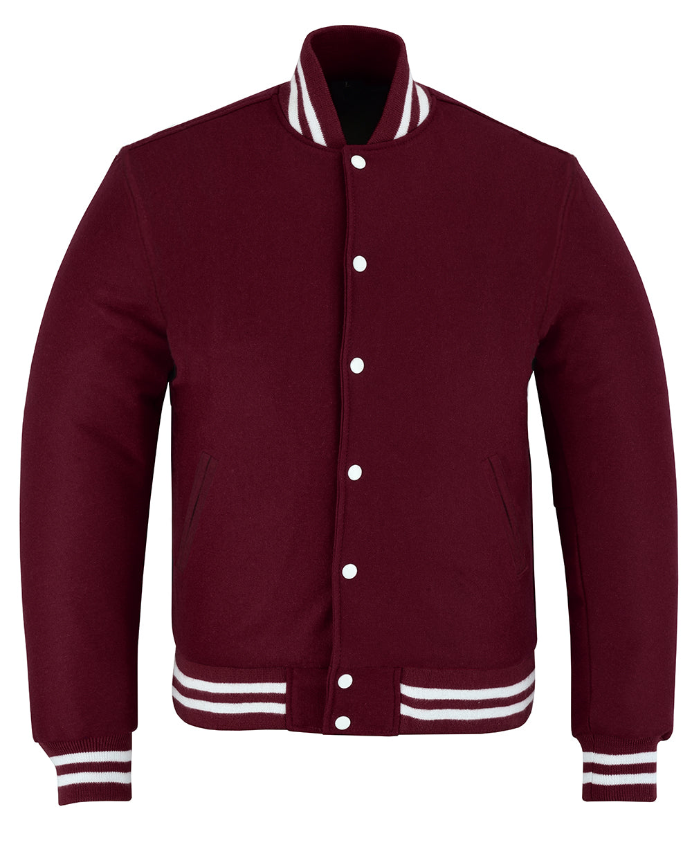 All Wool Vintage Style Varsity Letterman Baseball Jacket Maroon With White Trim