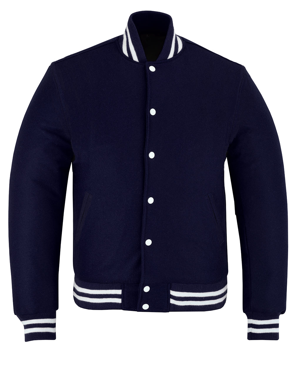 All Wool Vintage Style Varsity Letterman Baseball Jacket Navy Blue With White Trim