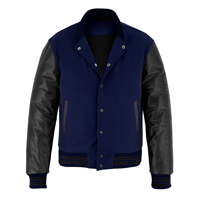 Classic Varsity Letterman Jacket Navy Blue Wool with Black Sleeves