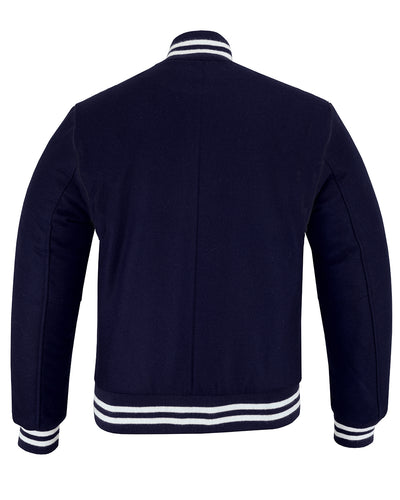 All Wool Vintage Style Varsity Letterman Baseball Jacket Navy Blue With White Trim