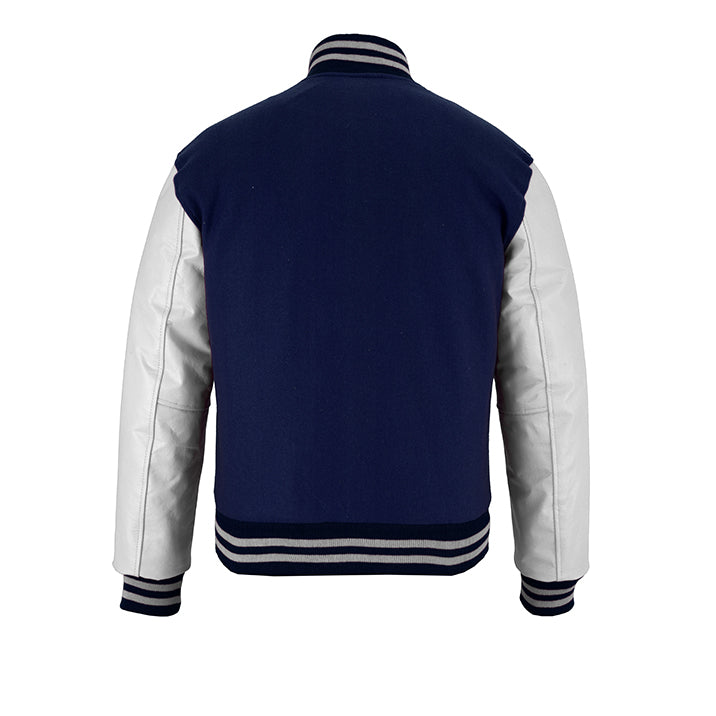 Classic Varsity Letterman Jacket Navy Blue Wool with White Sleeves