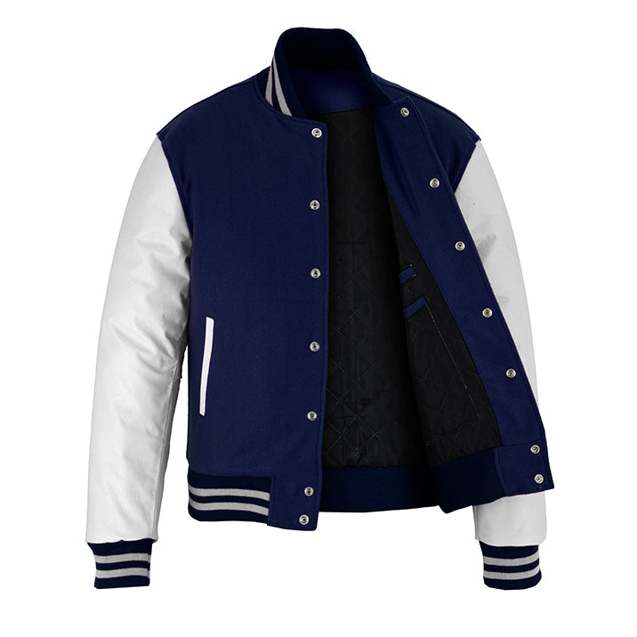 Classic Varsity Letterman Jacket Navy Blue Wool with White Sleeves