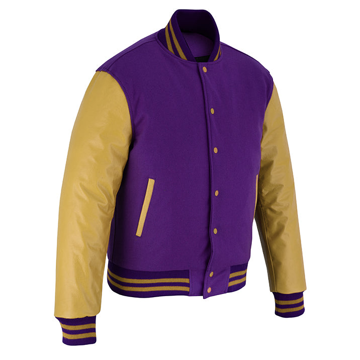 Classic Varsity Letterman Jacket Purple Wool with Beige Genuine Leather Sleeves and trims