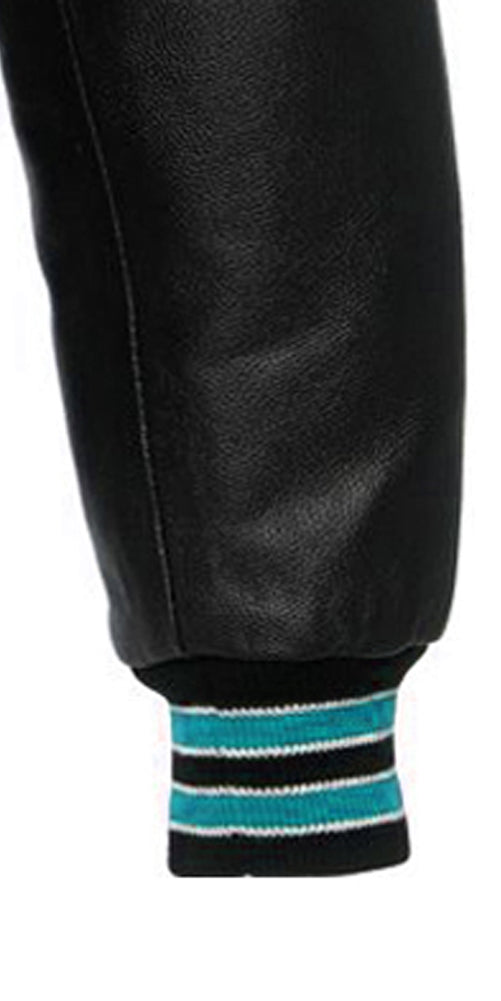 Multi Trims Varsity Lettermen baseball Jacket Black Wool with Sky blue Trim and Genuine Leather Sleeves