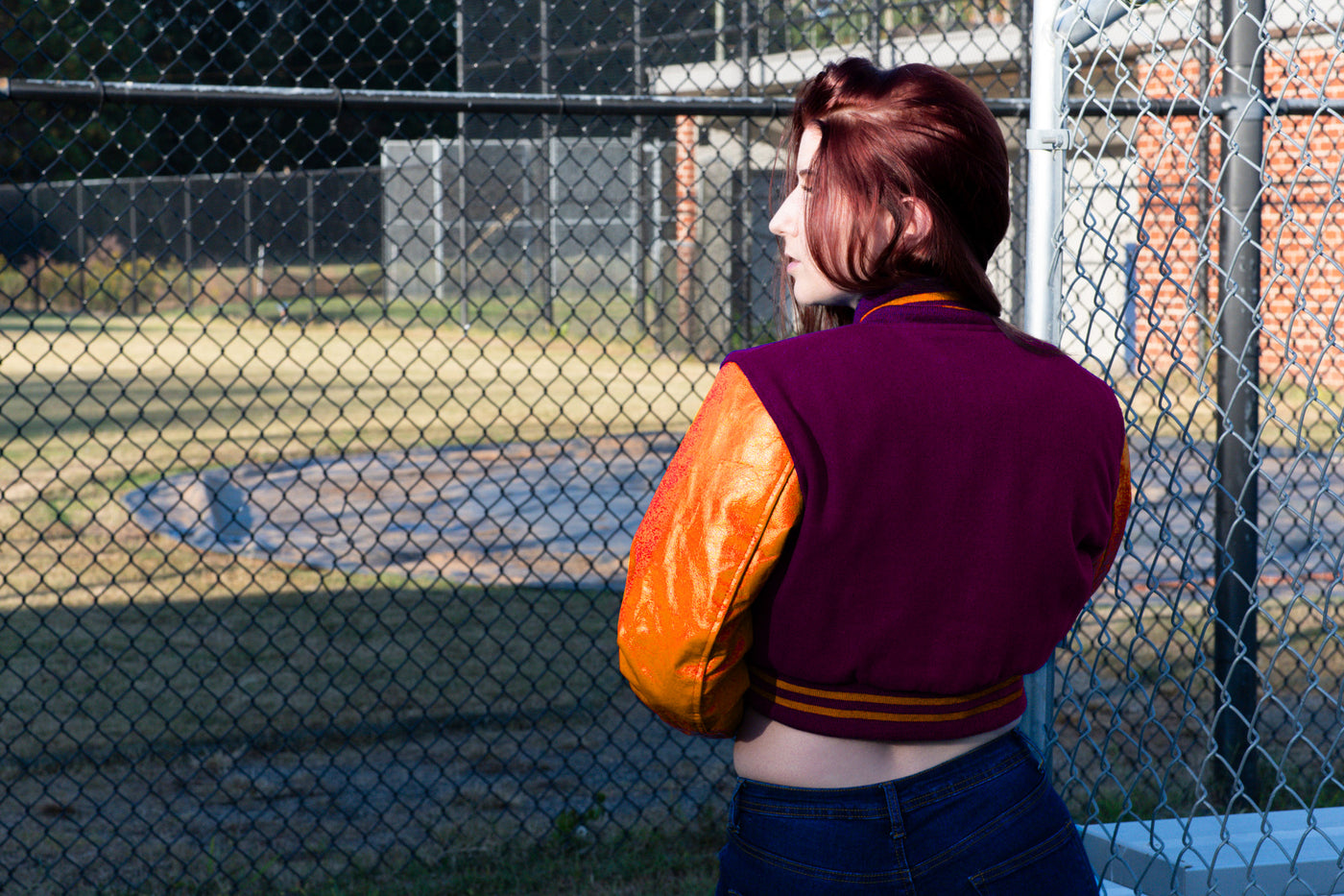 Women Crop Top Classic Style Purple Wool Orange Genuine Leather Sleeves Varsity Letterman Baseball Jacket