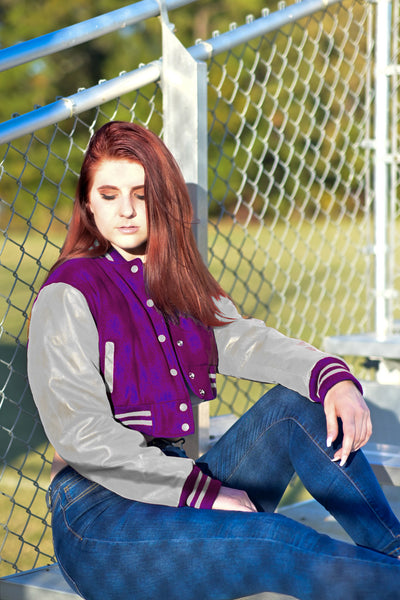 Women Crop Top Classic Style Purple Wool Silver Genuine Leather Sleeves Varsity Letterman Baseball Jacket