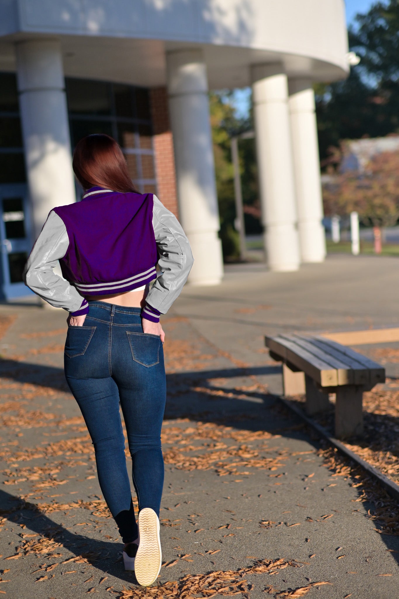 Women Crop top Classic Style Purple Wool Silver Genuine Leather Sleeves Varsity Letterman Baseball Jacket