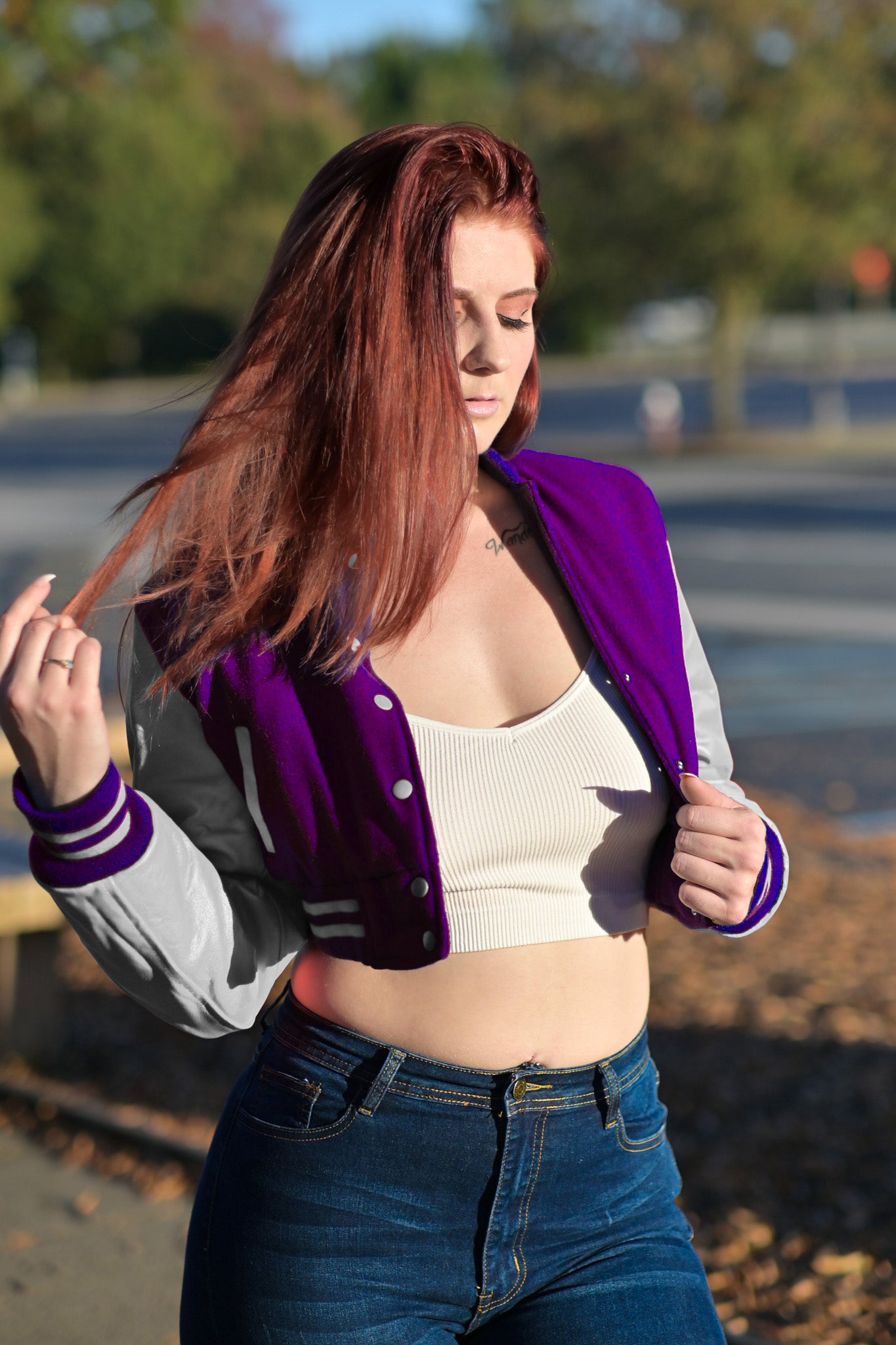 Women Crop top Classic Style Purple Wool Silver Genuine Leather Sleeves Varsity Letterman Baseball Jacket