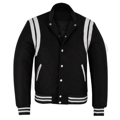 Classic Varsity Letterman Baseball College Jacket Black Wool with White Double Leather Strip