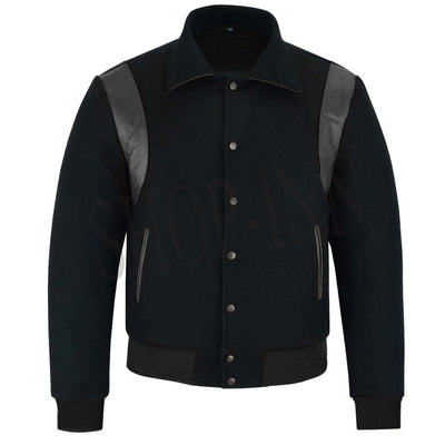 Classic Varsity Letterman Baseball College Jacket Black Wool with Black Single Leather Strip