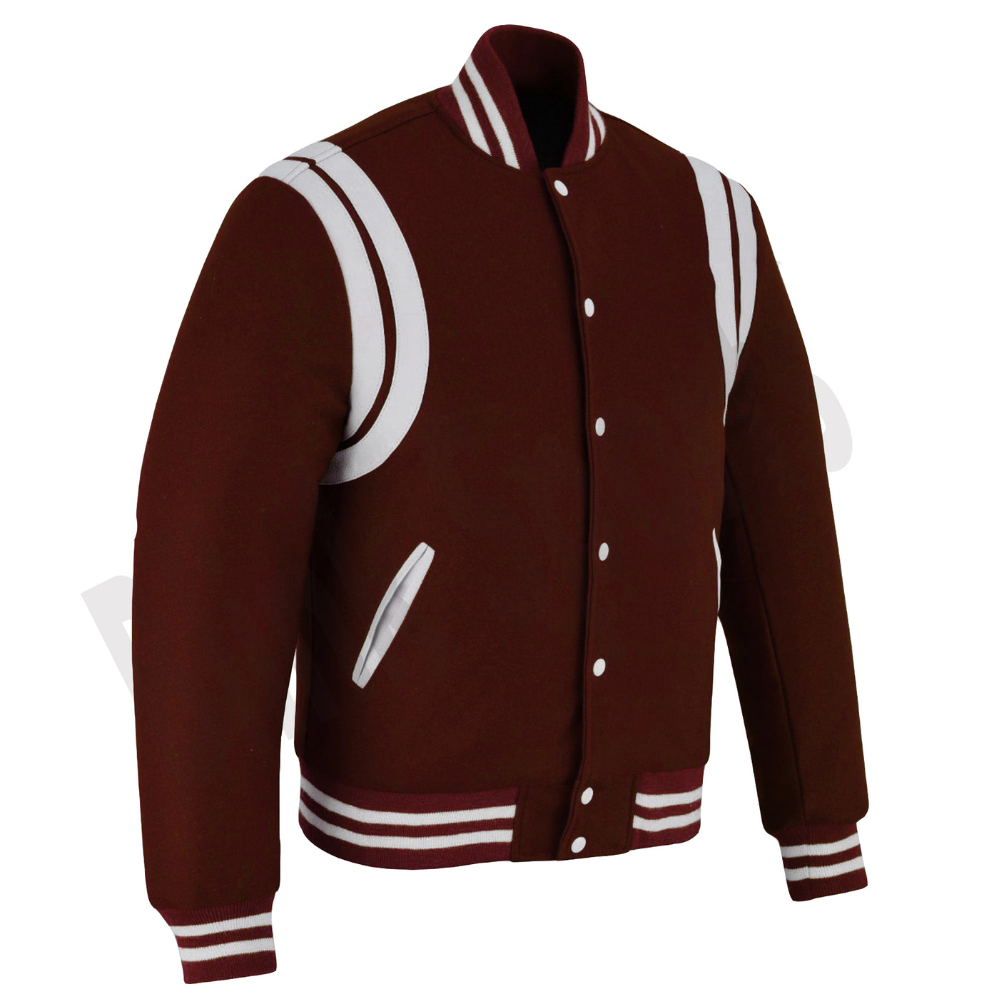 Classic Varisty Letterman Baseball College Jacket Maroon Wool with White Double Leather Strip
