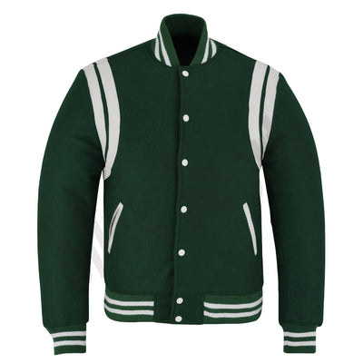 Classic Varsity Letterman Baseball College Jacket Forest Green Wool with White Double Leather Strip