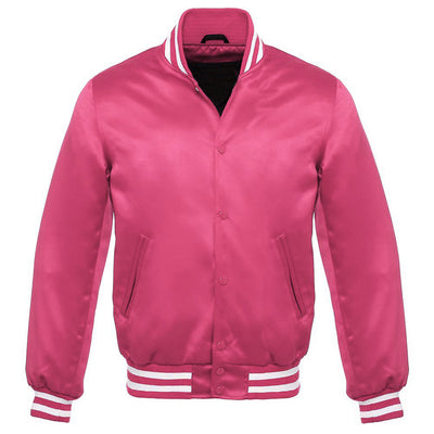 Satin Jacket Vintage Style Letterman  Baseball Pink Bomber Jacket  with White Trim