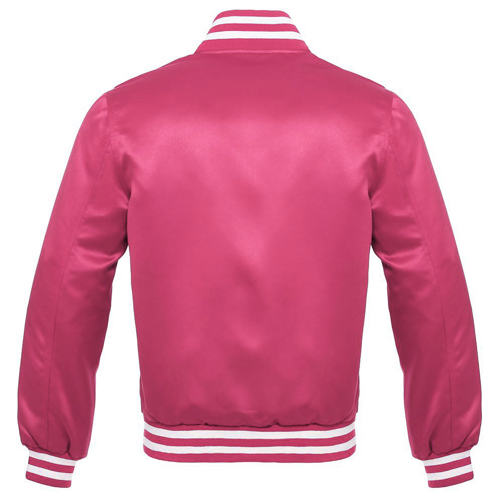 Satin Jacket Vintage Style Letterman  Baseball Pink Bomber Jacket  with White Trim