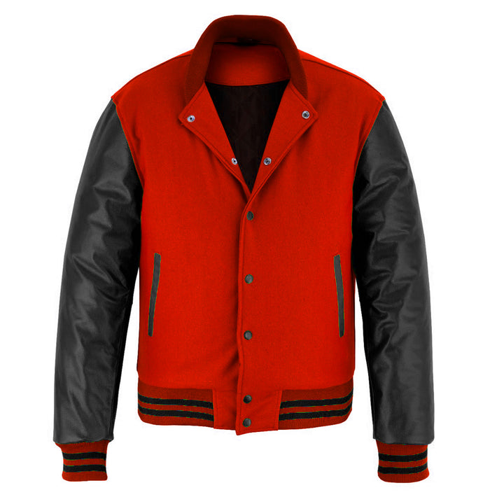 Classic Varsity Letterman Jacket Red Wool with Black Leather Sleeves Men 7XL Red/Black