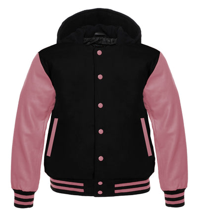 Hooded Varsity Lettermen baseball Jacket Black with Pink Genuine Leather Sleeves
