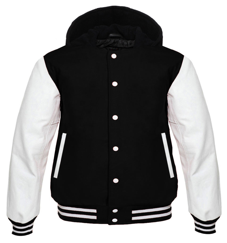 Hooded Varsity Lettermen baseball Jacket Black with White Genuine Leather Sleeves